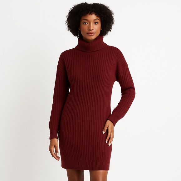 Ribbed Knit Turtleneck Sweater Dress Burgundy Long Sleeve Size Medium - Picture 1 of 8